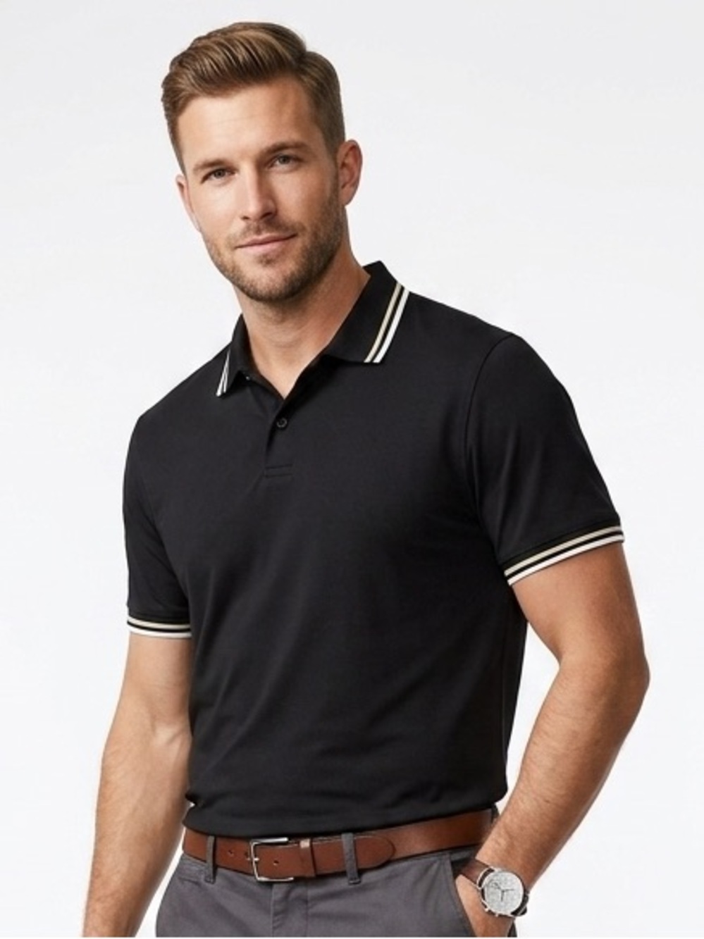 C18 haggar Mens Black Golf Polo Shirt White Striped Trim Short Sleeve XL 1849